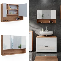 Badspiegelschrank Irma Weiß Hochglanz/Goldkraft Eiche 80.1 x 55 cm Vicco