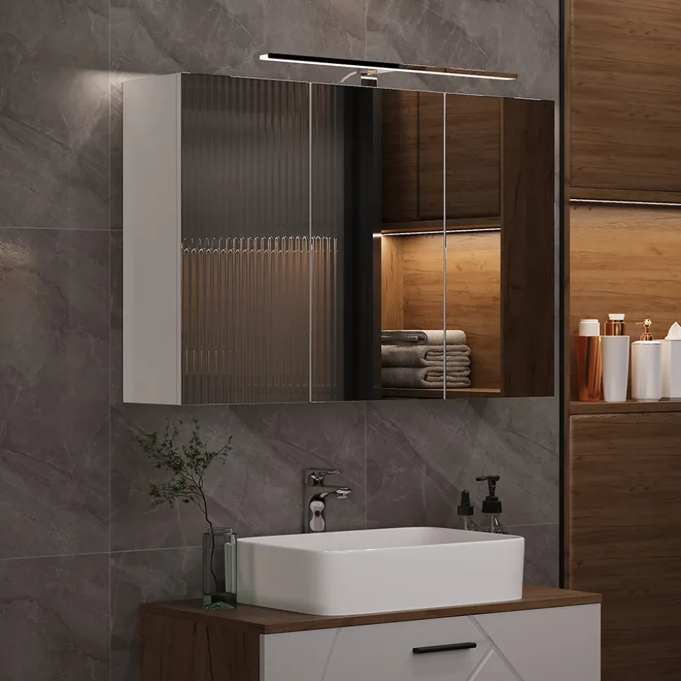 Badspiegelschrank Lavio Weiß 90 x 60 cm mit LED-Beleuchtung Vicco