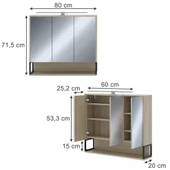 Badspiegelschrank Vionna Eiche/Schwarz 80 x 71.5 cm mit LED-Licht Vicco