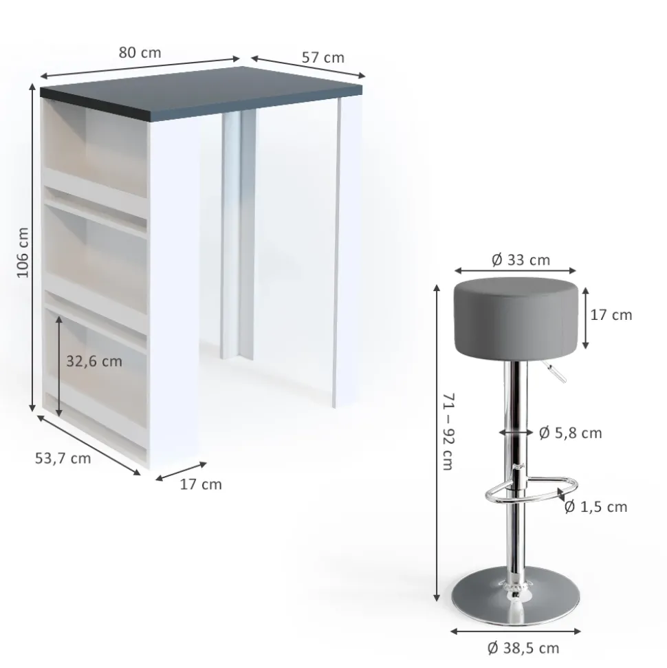 Bartisch-Set Anthrazit/Weiß 57 x 80 cm mit 2 Barhockern Vicco