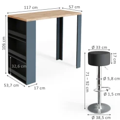 Bartisch-Set Eiche 57 x 117 cm mit 2 Barhockern Vicco