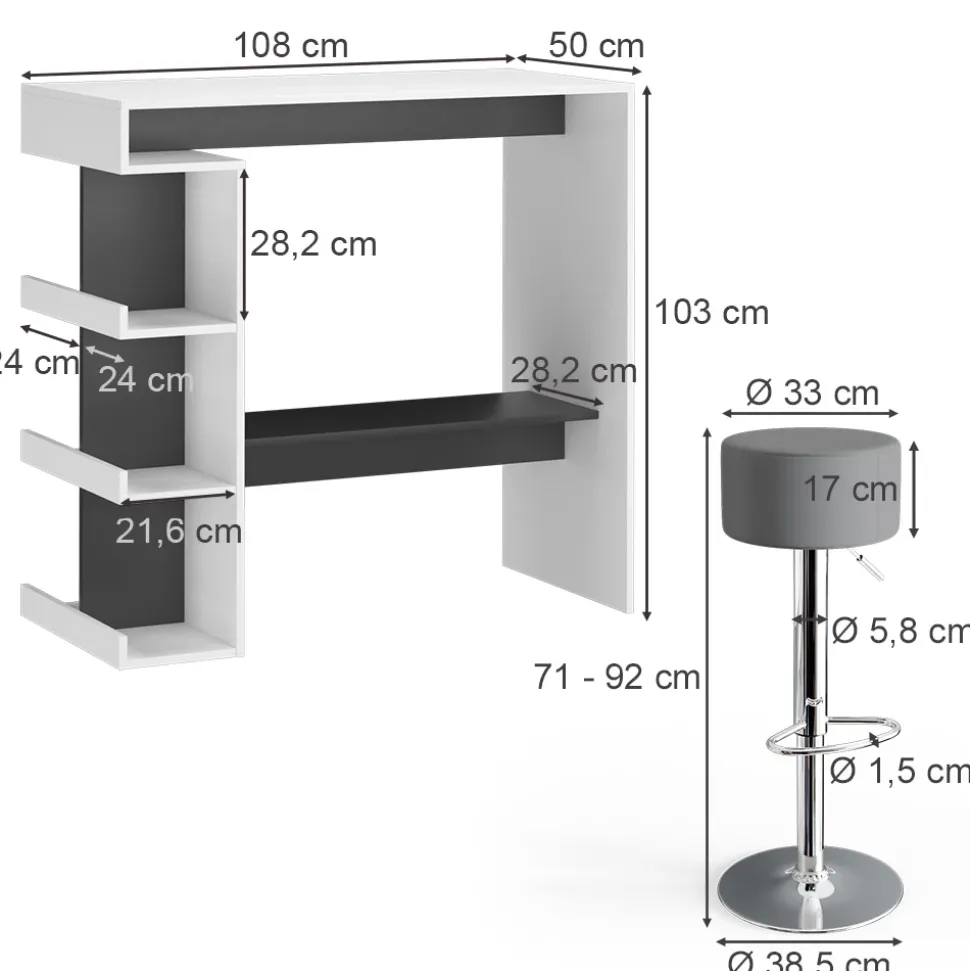 Bartisch-Set Dana Weiß 108 x 50 cm mit 2 Barhockern Vicco