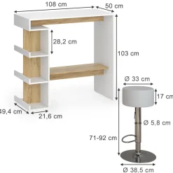 Bartisch-Set Dana Weiß/Goldkraft Eiche 108 x 50 cm mit 2 Barhockern Vicco