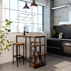 Bartisch-Set Fyrk Antikholz 120 x 50 cm mit Regalen und 2 Barhockern Vicco