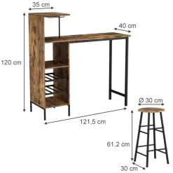 Bartisch-Set Fyrk Schwarz/Eiche rustikal 121.5 x 40 cm mit 2 Hocker Vicco