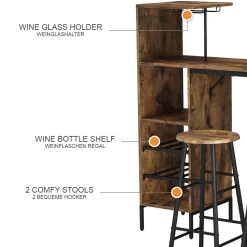 Bartisch-Set Fyrk Schwarz/Eiche rustikal 121.5 x 40 cm mit 2 Hocker Vicco