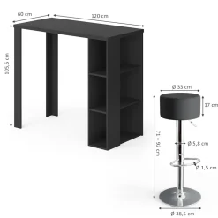 Bartisch-Set Noel Schwarz 120 x 60 cm mit 2 Barhockern Vicco