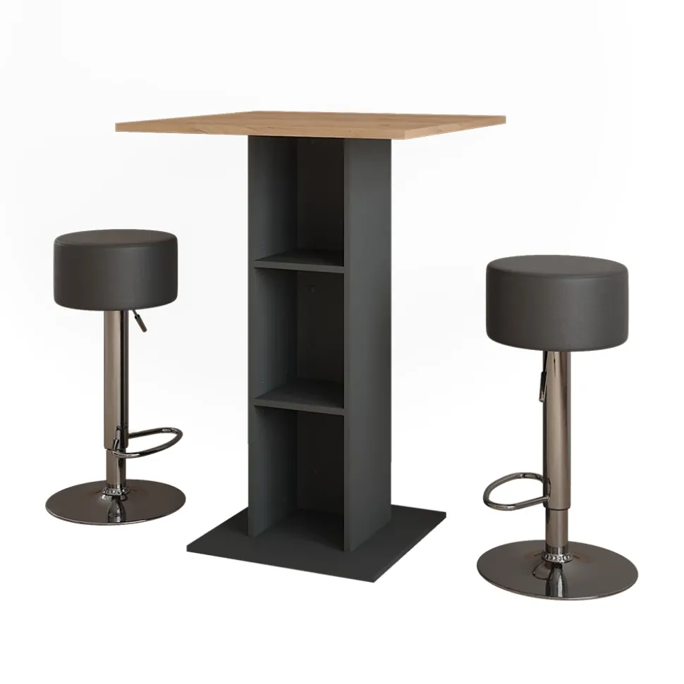 Bartisch-Set Repose Goldkraft Eiche/Anthrazit 75 x 75 cm mit 2 Barhockern Vicco