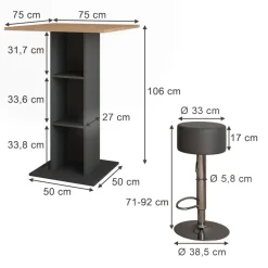 Bartisch-Set Repose Goldkraft Eiche/Anthrazit 75 x 75 cm mit 2 Barhockern Vicco