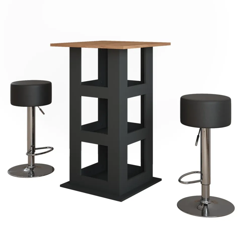 Bartisch-Set Repose Goldkraft Eiche/Anthrazit 65 x 65 cm mit 2 Barhockern Vicco