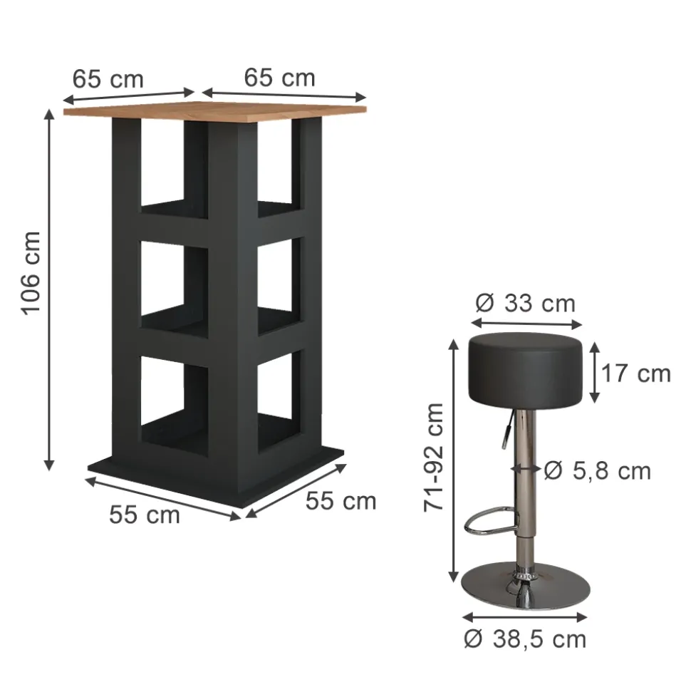 Bartisch-Set Repose Goldkraft Eiche/Anthrazit 65 x 65 cm mit 2 Barhockern Vicco