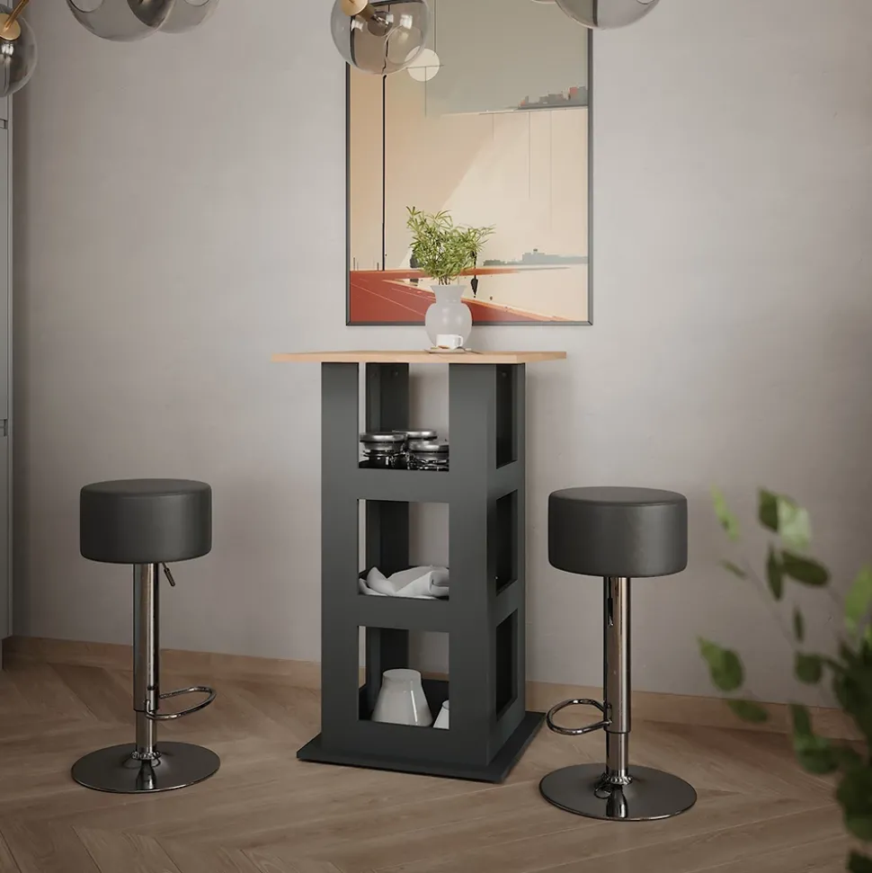 Bartisch-Set Repose Goldkraft Eiche/Anthrazit 65 x 65 cm mit 2 Barhockern Vicco