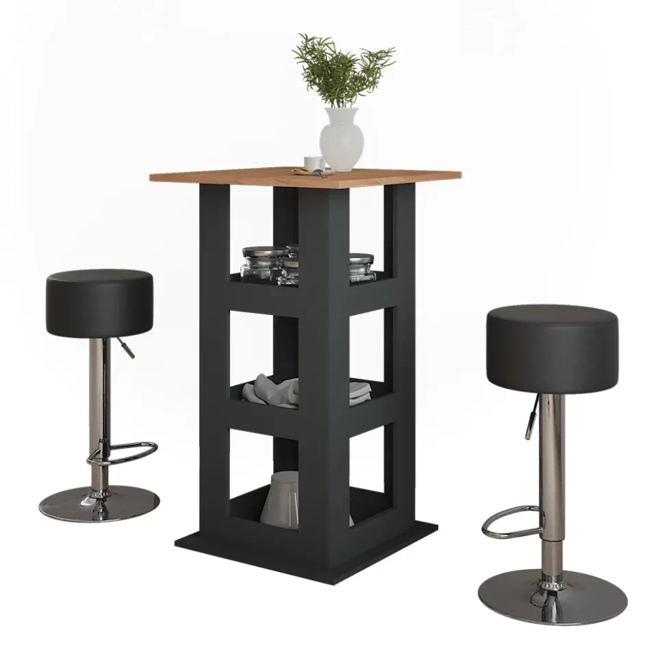 Bartisch-Set Repose Goldkraft Eiche/Anthrazit 65 x 65 cm mit 2 Barhockern Vicco
