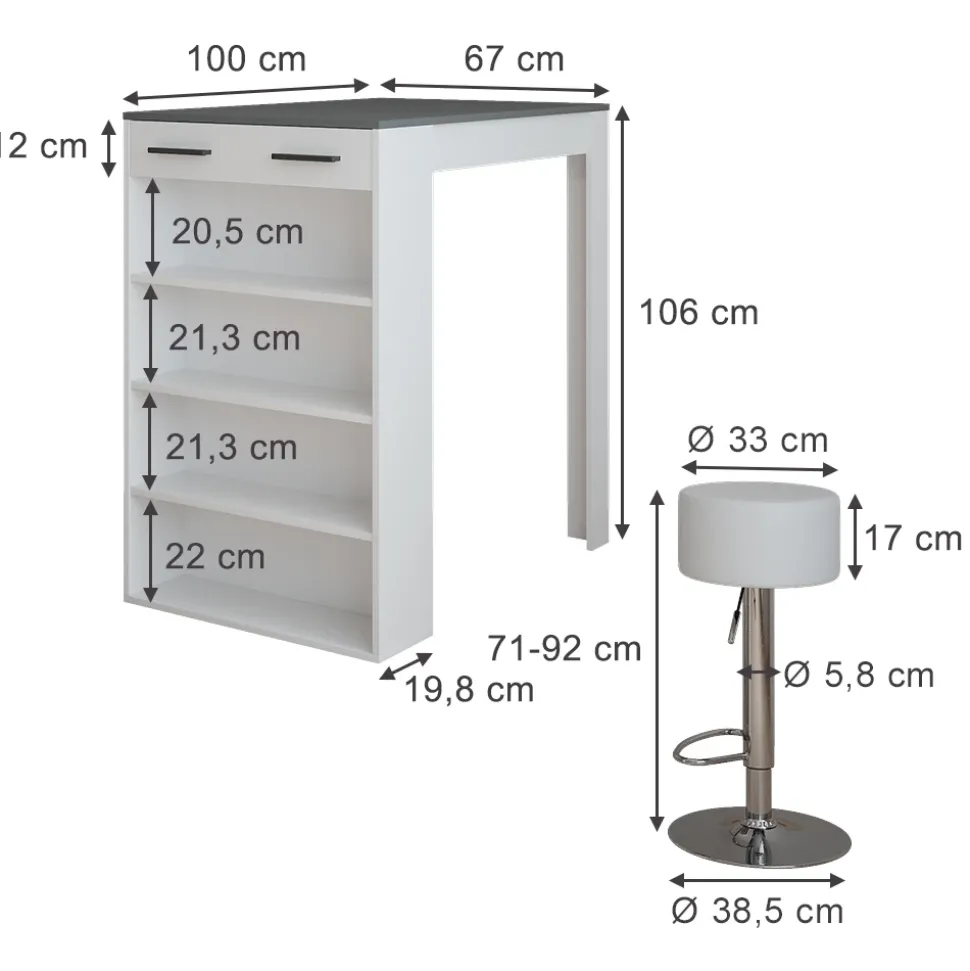Bartisch-Set Repose Weiß/Anthrazit 67 x 100 cm mit 2 Barhockern Vicco