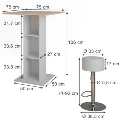 Bartisch-Set Repose Weiß/Sonoma 75 x 75 cm mit 2 Barhockern Vicco
