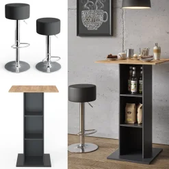 Bartisch-Set Rodeo Anthrazit 70 x 70 cm mit 2 Barhockern Vicco