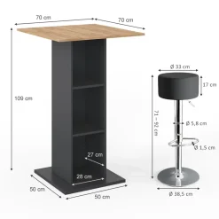 Bartisch-Set Rodeo Anthrazit 70 x 70 cm mit 2 Barhockern Vicco