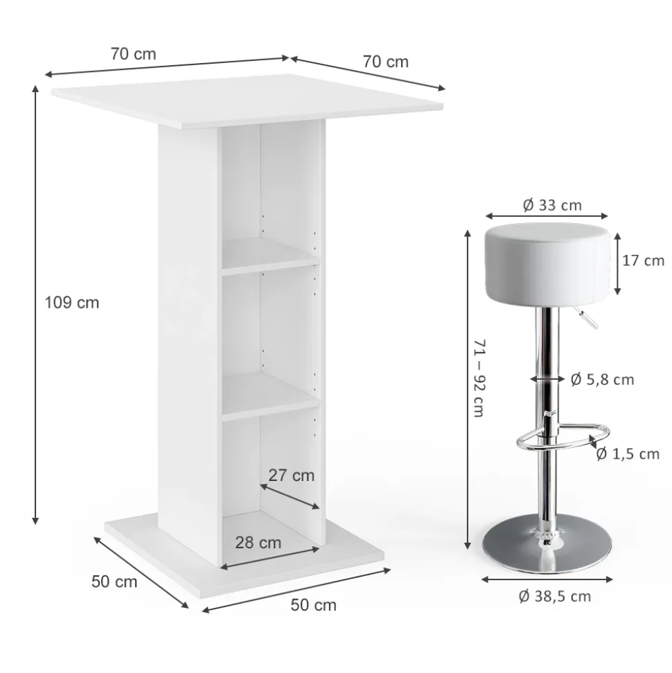 Bartisch-Set Rodeo Weiß 70 x 70 cm mit 2 Barhockern Vicco