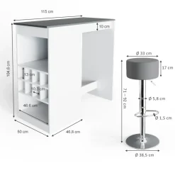 Bartisch-Set Ross Weiß/Anthrazit 115 x 50 cm mit 2 Barhockern Vicco
