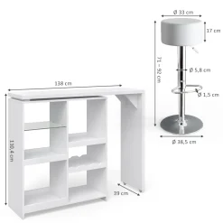 Bartisch-Set Vega Weiß 138 x 39 cm mit 2 Barhockern Vicco