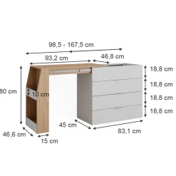 Basteltisch Iva Weiß 95.5 x 80 cm ausklappbar, 4 Schubladen Vicco