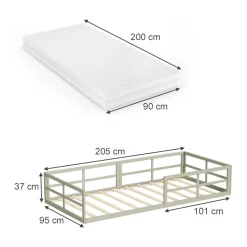 Bodenbett aus Metall Minno Greige 90x200 mit Matratze Vitalispa