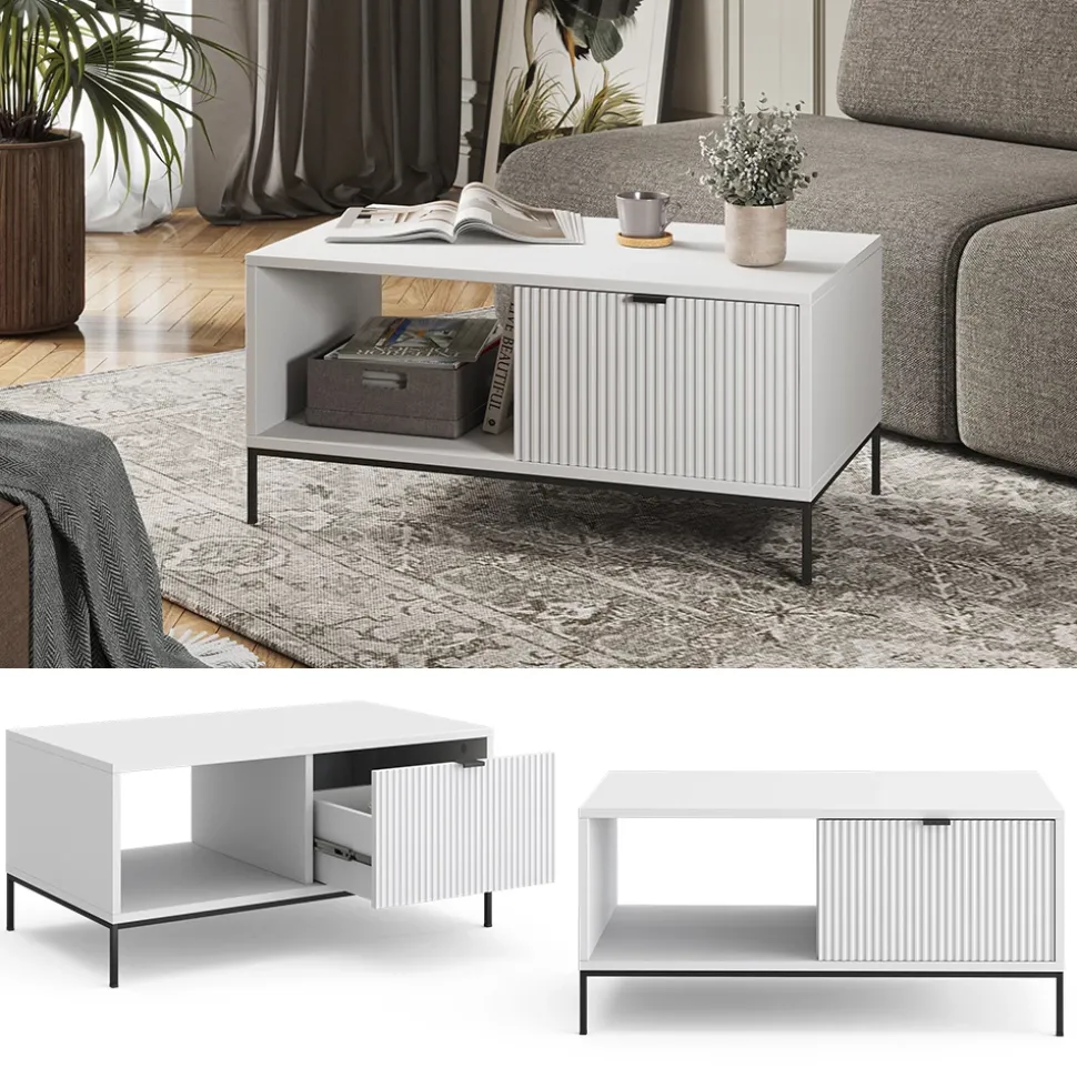 Couchtisch Eliza Weiß 90 x 50 cm mit einer Schublade Vicco