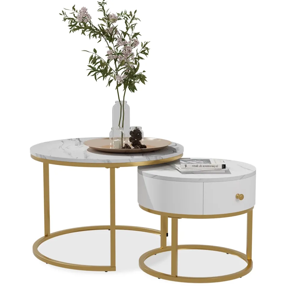 Couchtisch-Set Madrid Marmor Weiß 70 x 70 cm , kleiner Tisch mit Schublade Vicco