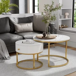 Couchtisch-Set Madrid Marmor Weiß 70 x 70 cm , kleiner Tisch mit Schublade Vicco