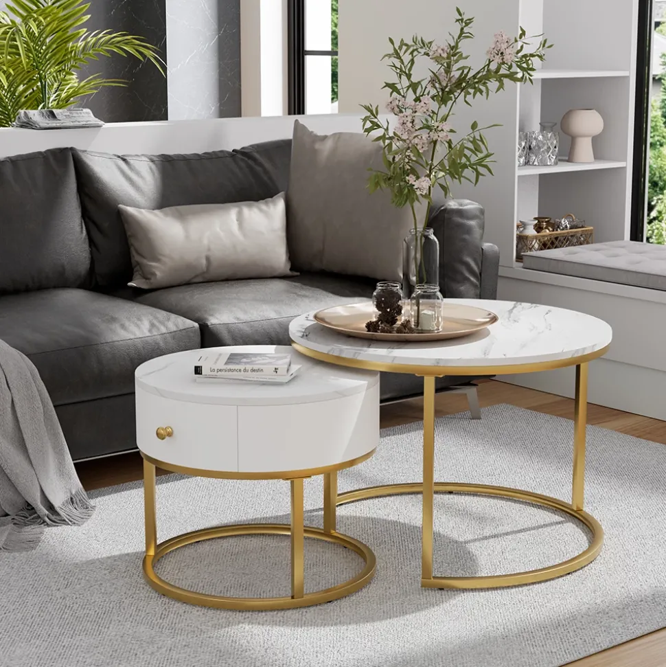 Couchtisch-Set Madrid Marmor Weiß 70 x 70 cm , kleiner Tisch mit Schublade Vicco