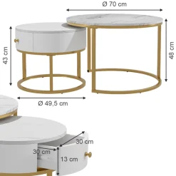 Couchtisch-Set Madrid Marmor Weiß 70 x 70 cm , kleiner Tisch mit Schublade Vicco