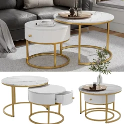 Couchtisch-Set Madrid Marmor Weiß 70 x 70 cm , kleiner Tisch mit Schublade Vicco