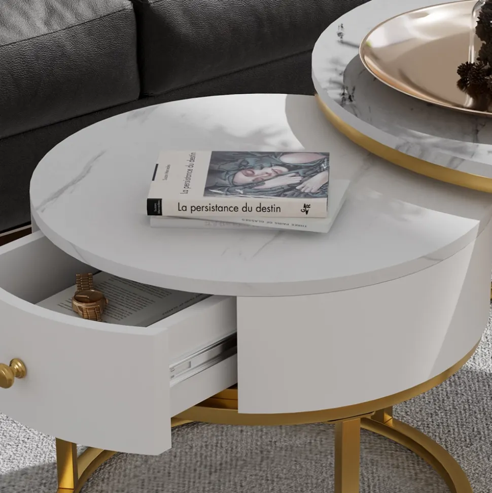 Couchtisch-Set Madrid Marmor Weiß 70 x 70 cm , kleiner Tisch mit Schublade Vicco