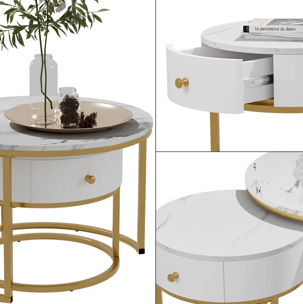 Couchtisch-Set Madrid Marmor Weiß 70 x 70 cm , kleiner Tisch mit Schublade Vicco