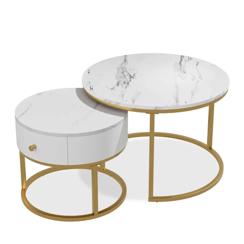 Couchtisch-Set Madrid Marmor Weiß 70 x 70 cm , kleiner Tisch mit Schublade Vicco