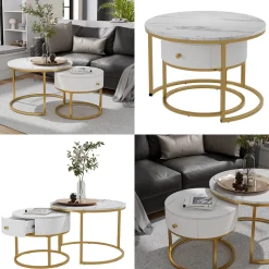 Couchtisch-Set Madrid Marmor Weiß 70 x 70 cm , kleiner Tisch mit Schublade Vicco