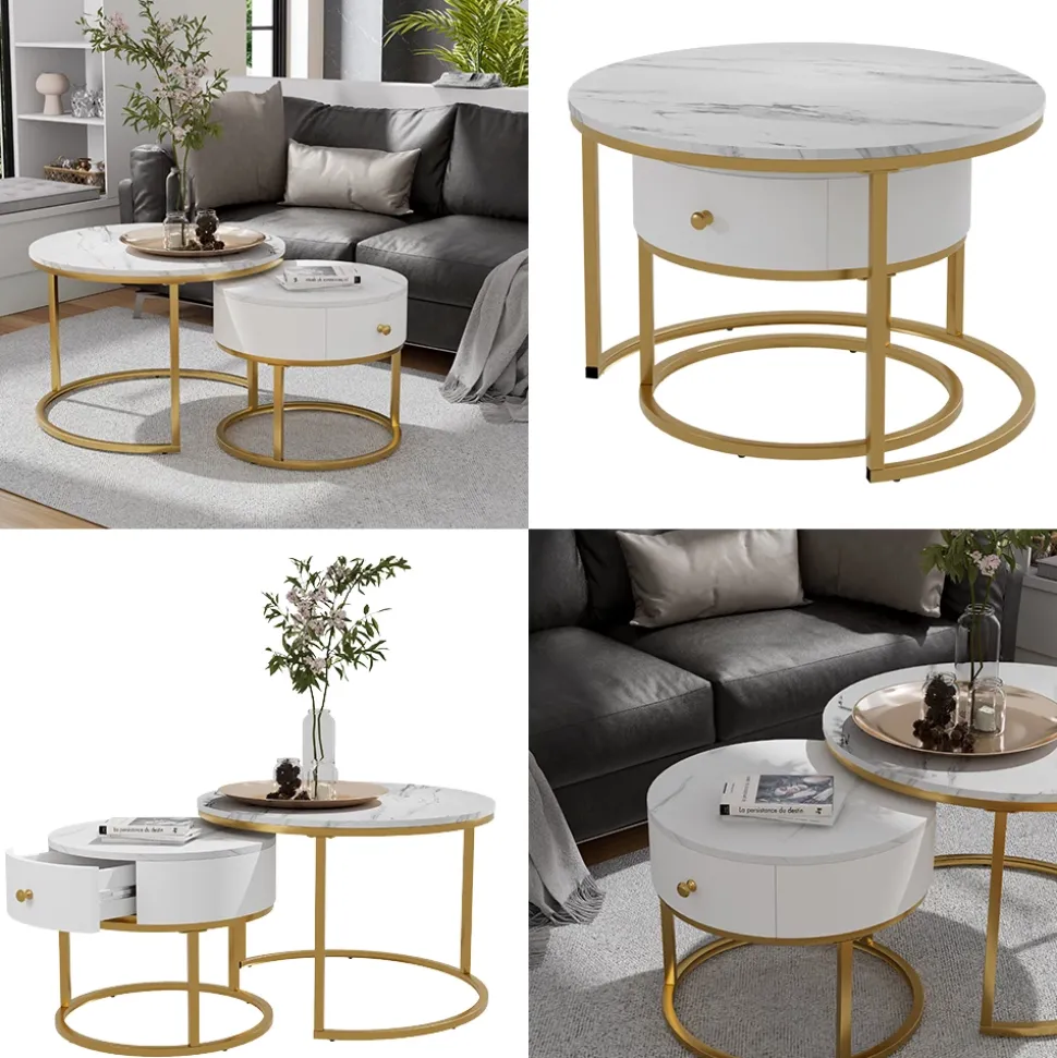 Couchtisch-Set Madrid Marmor Weiß 70 x 70 cm , kleiner Tisch mit Schublade Vicco