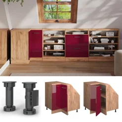 Dachschrägenschrank Eckschrank Rion Rot Hochglanz/Goldkraft Eiche 75.6 x 81.6 cm mit 1 Tür Vicco