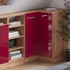 Dachschrägenschrank Eckschrank Rion Rot Hochglanz/Goldkraft Eiche 75.6 x 81.6 cm mit 1 Tür Vicco