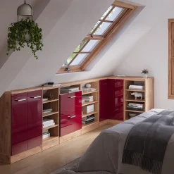 Dachschrägenschrank Eckschrank Rion Rot Hochglanz/Goldkraft Eiche 75.6 x 81.6 cm mit 1 Tür Vicco