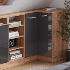 Dachschrägenschrank Eckschrank Rion Anthrazit Hochglanz/Goldkraft Eiche 75.6 x 81.6 cm mit 1 Tür Vicco