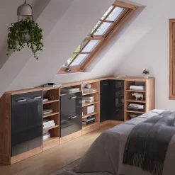 Dachschrägenschrank Eckschrank Rion Anthrazit Hochglanz/Goldkraft Eiche 75.6 x 81.6 cm mit 1 Tür Vicco