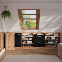 Dachschrägenschrank Eckschrank Rion Schwarz Hochglanz/Goldkraft Eiche 75.6 x 81.6 cm mit 1 Tür Vicco