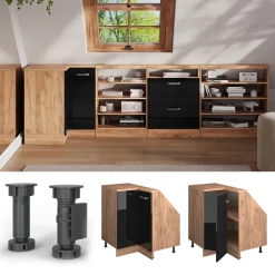 Dachschrägenschrank Eckschrank Rion Schwarz Hochglanz/Goldkraft Eiche 75.6 x 81.6 cm mit 1 Tür Vicco