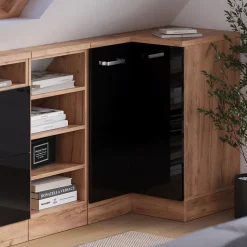 Dachschrägenschrank Eckschrank Rion Schwarz Hochglanz/Goldkraft Eiche 75.6 x 81.6 cm mit 1 Tür Vicco