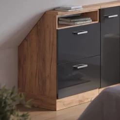Dachschrägenschrank Rion Anthrazit Hochglanz/Goldkraft Eiche mit 2 Schubladen Vicco