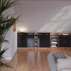 Dachschrägenschrank Rion Anthrazit Hochglanz/Goldkraft Eiche mit 2 Schubladen Vicco