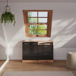 Dachschrägenschrank Rion Anthrazit Hochglanz/Goldkraft Eiche mit 2 Schubladen Vicco