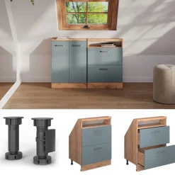 Dachschrägenschrank Rion Blau-Grau/Goldkraft Eiche mit 2 Schubladen Vicco