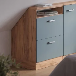 Dachschrägenschrank Rion Blau-Grau/Goldkraft Eiche mit 2 Schubladen Vicco